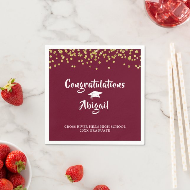 Graduation Maroon Gold Confetti Brush Script Napkin (Insitu)