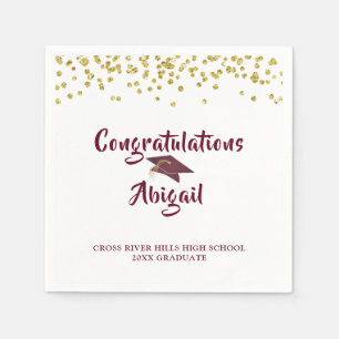 Graduation Maroon Gold Confetti Brush Script Napkin