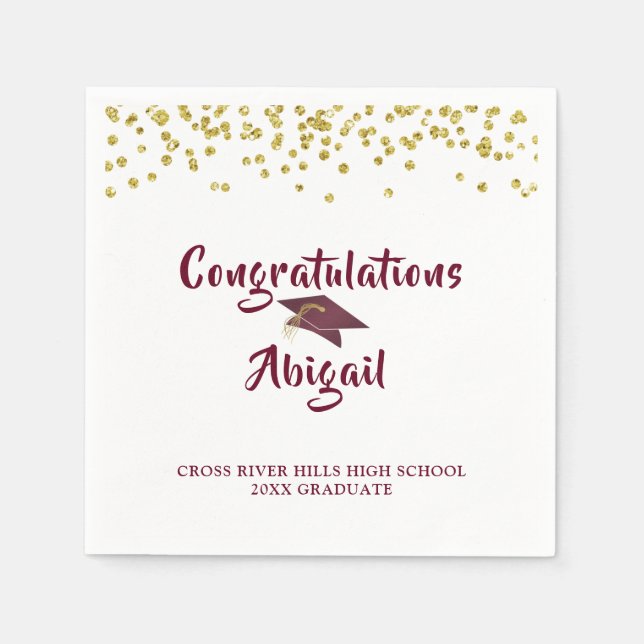 Graduation Maroon Gold Confetti Brush Script Napkin (Front)