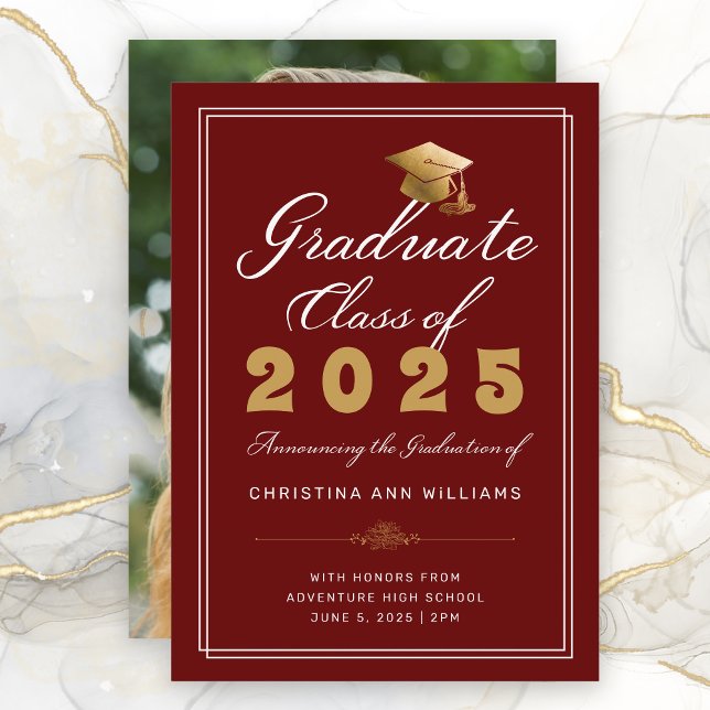 Graduation Maroon Gold Script Photo Class of 2025 Announcement (Maroon Gold White Script Graduation Announcement with a Photo on the back)