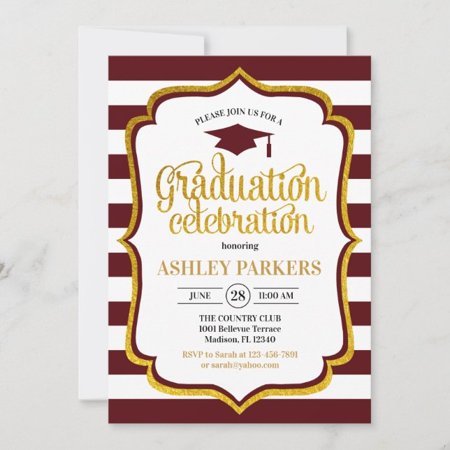 Graduation - Maroon Gold White Invitation (Front)