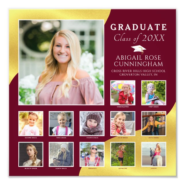 Graduation Maroon K-12 Photo Collage Metallic Gold (Front)