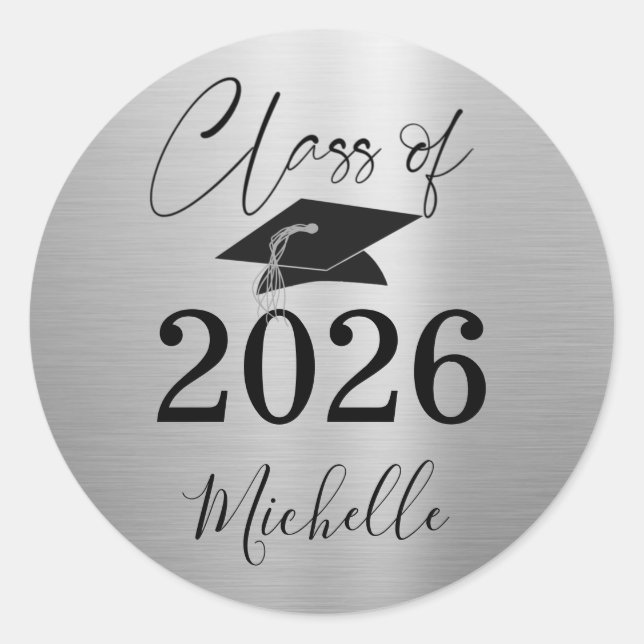 Graduation Metallic Silver Script Class of 2021 Classic Round Sticker (Front)