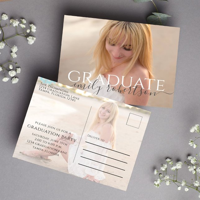 Graduation Minimalist Two Photo Simple Elegant Postcard (Simple graduation minimalist 2 photo postcard invitation template. )