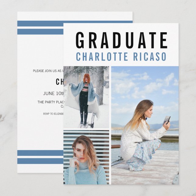 Graduation Modern 3 Photo Collage Personalised Invitation (Front/Back)