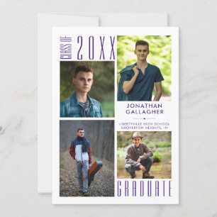Graduation Modern 4 Photo Collage Purple Announcement