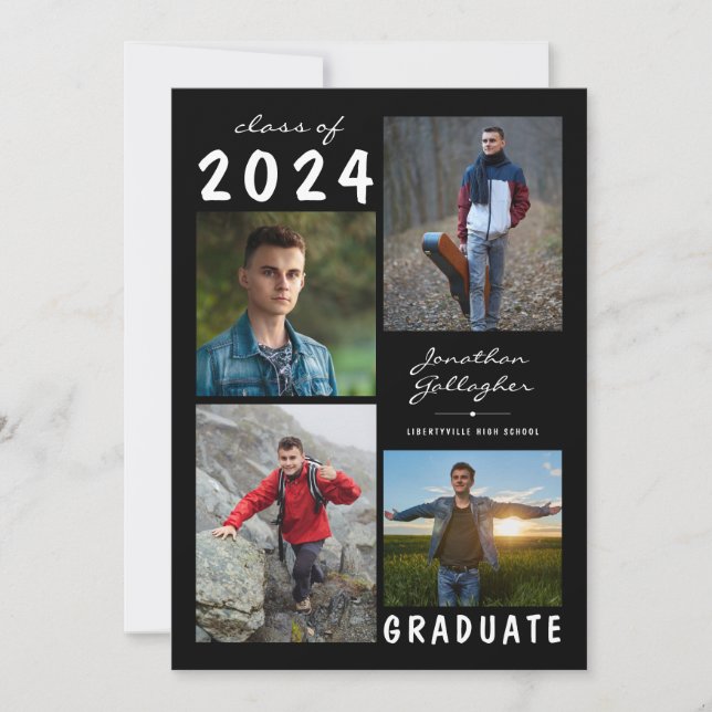 Graduation Modern 5 Photo Script Black White Announcement (Front)