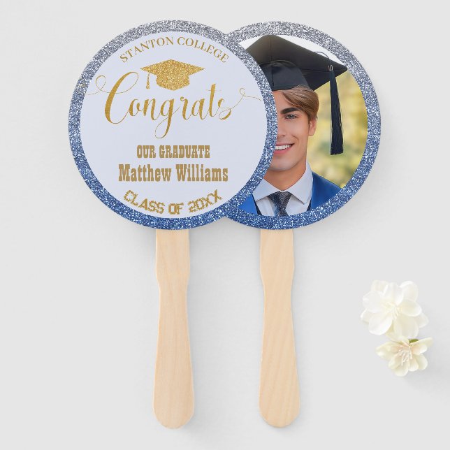 Graduation Modern Blue and Gold Graduate Photo Hand Fan (Front and Back)