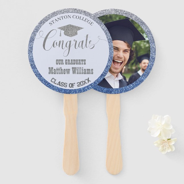 Graduation Modern Blue and Silver Graduate Photo Hand Fan (Front and Back)