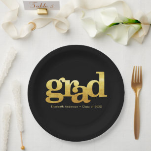Graduation modern bold gold foil typography black paper plate
