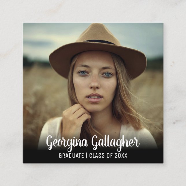 Graduation Modern Bold Photo | Grad Name Script Square Business Card (Front)