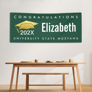 Graduation Modern Bold Simple Gold Cap on Green Banner