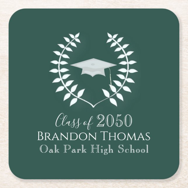 Graduation Modern Classic Mortarboard Dark Green Square Paper Coaster (Front)