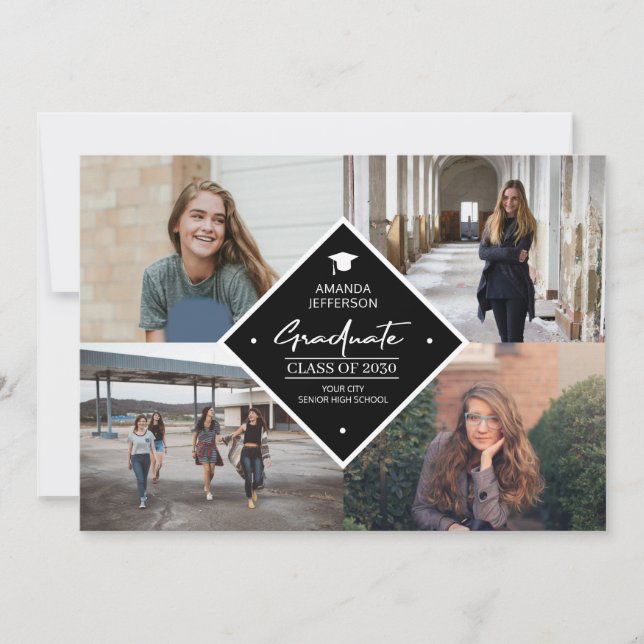 Graduation modern elegant script 4 photo collage a announcement (Front)
