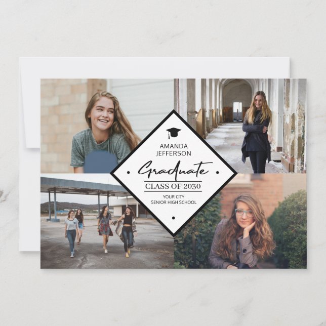 Graduation modern elegant script 4 photo collage a announcement (Front)