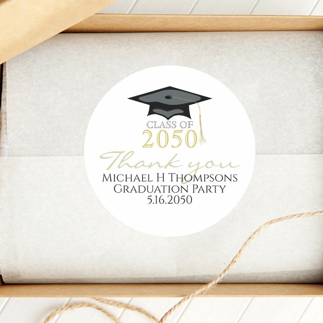 Graduation Modern Elegant Script Typography Classic Round Sticker (Graduation hat black and gold calligraphy script party favor sticker.)