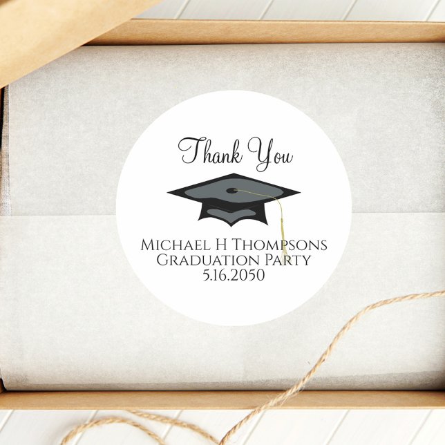 Graduation Modern Elegant Script Typography Classic Round Sticker (Black simple graduation hat and calligraphy script party favor sticker.)