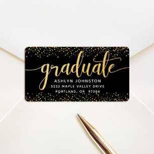 Graduation modern gold script on black address label