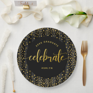 Graduation modern gold type glitter dots on black paper plate