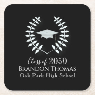 Graduation Modern Mortarboard Classic Basic Black Square Paper Coaster