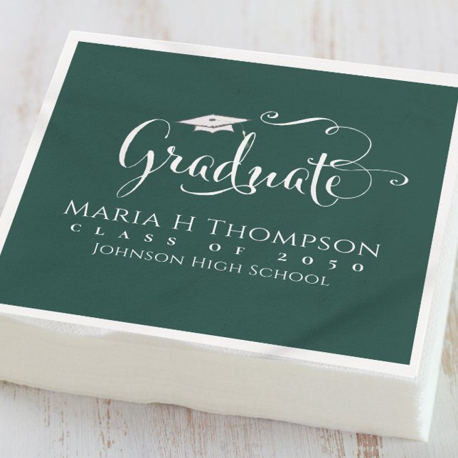 Graduation Modern Mortarboard Script Dark Green Napkin (Creator Uploaded)