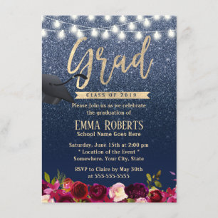 Graduation Modern Navy Blue Burgundy Red Floral Invitation