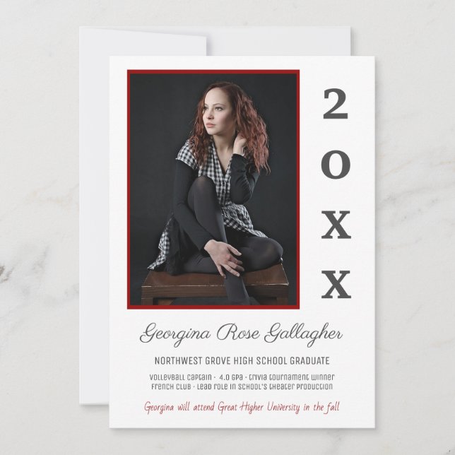Graduation Modern Photo Simple Grad Year Red Grey Announcement (Front)