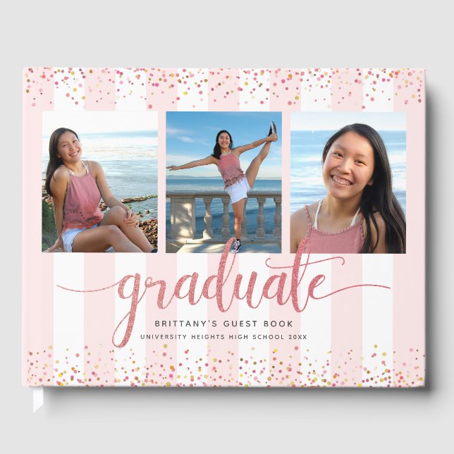 Graduation modern rose gold script photo collage guest book (Front)