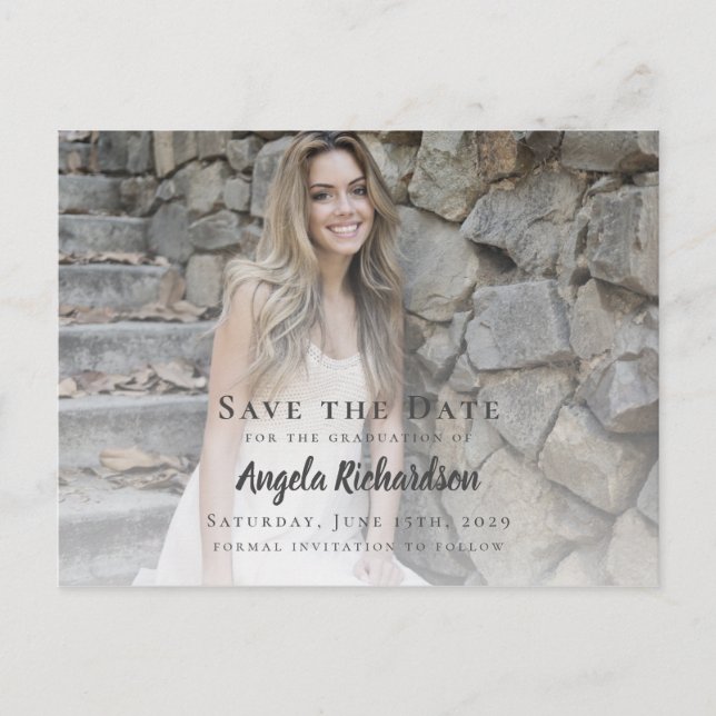 Graduation Modern Script Save the Date Photo Invitation Postcard (Front)