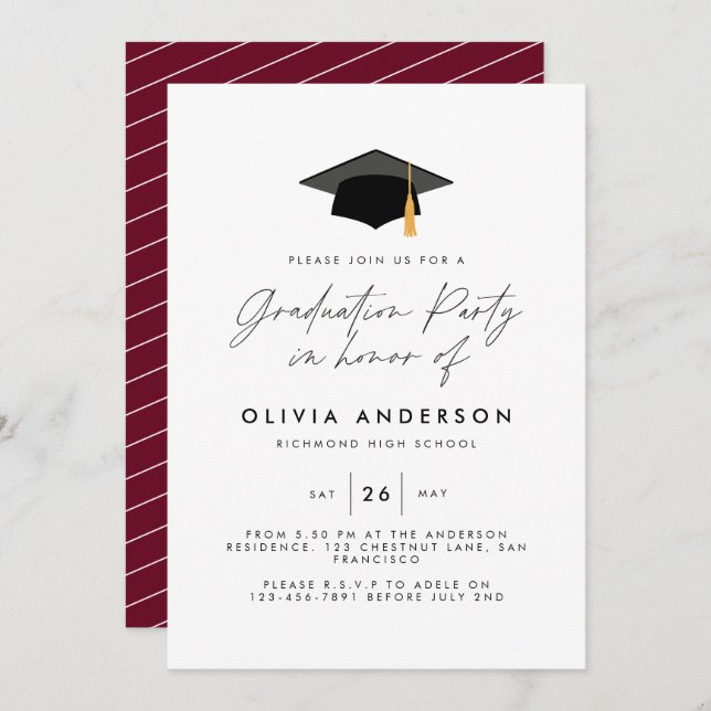 graduation modern simple elegant burgundy party invitation (Front/Back)