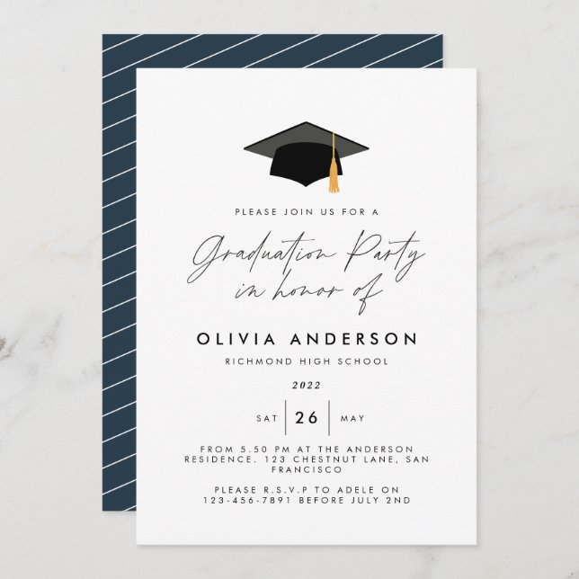 Graduation modern simple elegant navy blue party invitation (Front/Back)