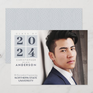 Graduation   Modern Squares Grey & Navy Photo Invitation