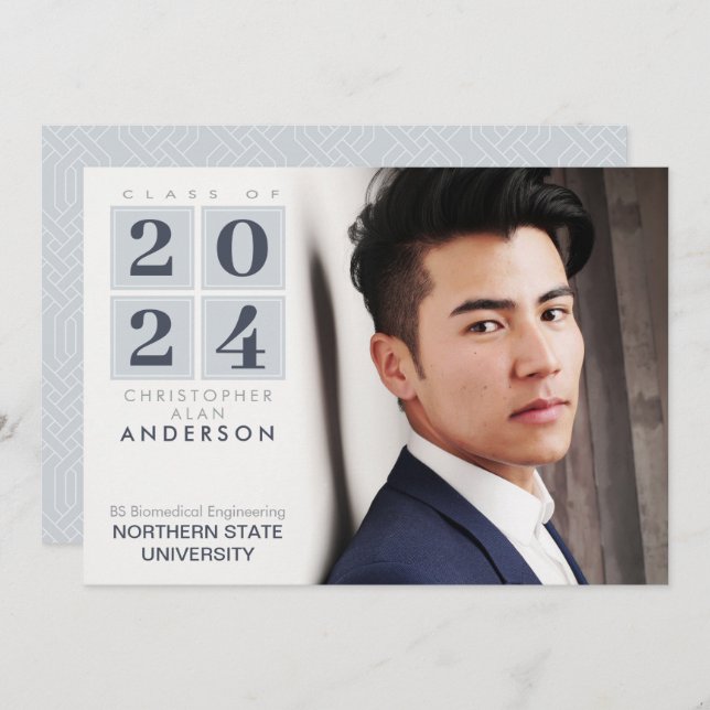 Graduation | Modern Squares Grey & Navy Photo Invitation (Front/Back)