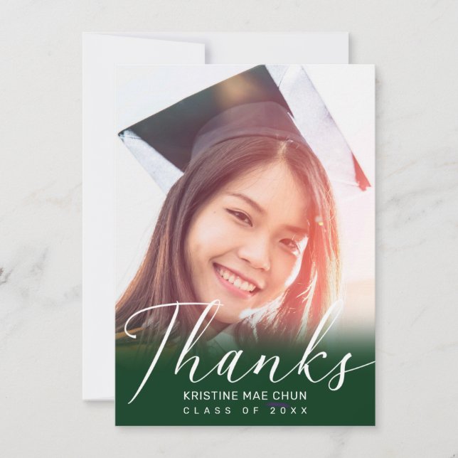 Graduation Modern White Script Photo Green Thank You Card (Front)