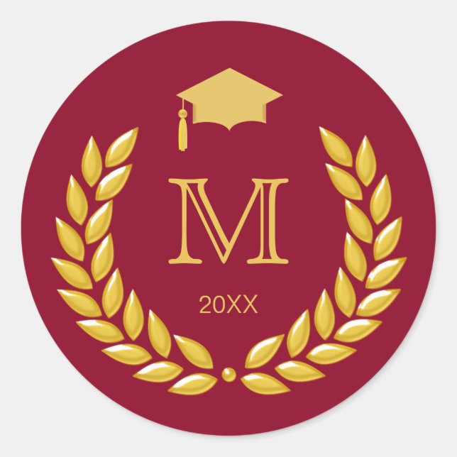 Graduation Monogram Gold Laurel on Maroon Classic Round Sticker (Front)