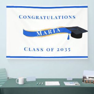 Graduation Mortar Board Blue and White Banner