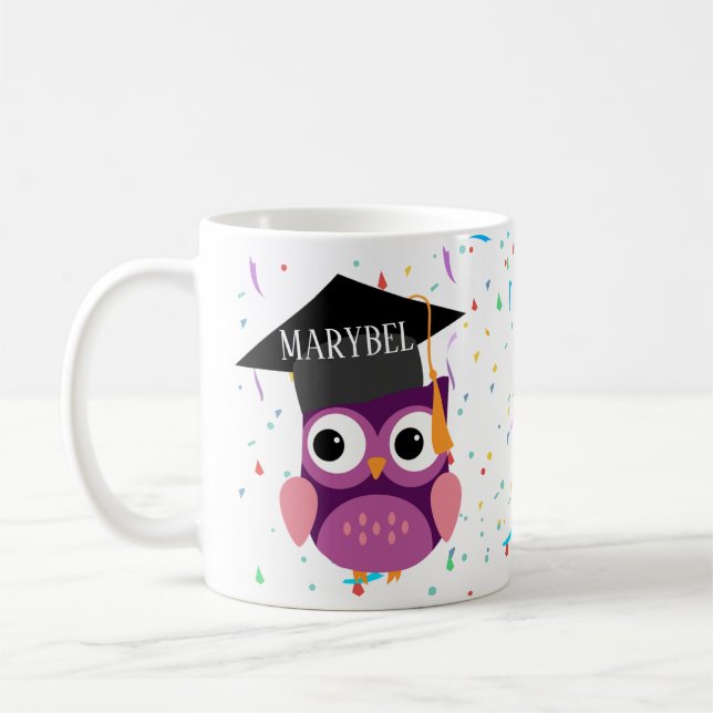 Graduation Mug with purple owl can and gown (Left)