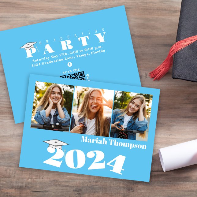 Graduation Multi Photo Blue Class Of 2023 QR Code Invitation (Graduation multi-photo invitation announcement Carolina Blue School colors. )