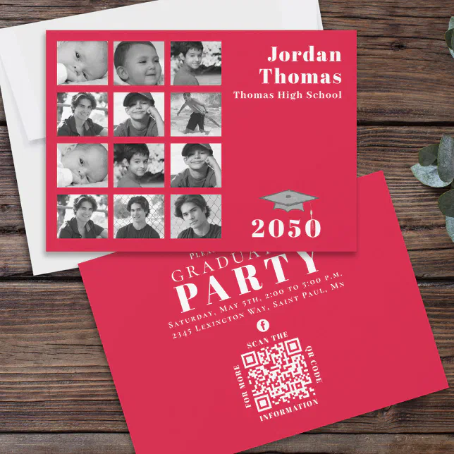 Graduation Multi Photo Collage Crimson Red QR Code Invitation Zazzle
