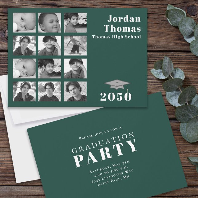 Graduation Multi Photo Collage Minimal Dark Green Invitation (Creator Uploaded)