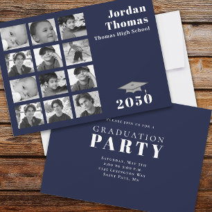 Graduation Multi Photo Collage Minimalist Navy Invitation