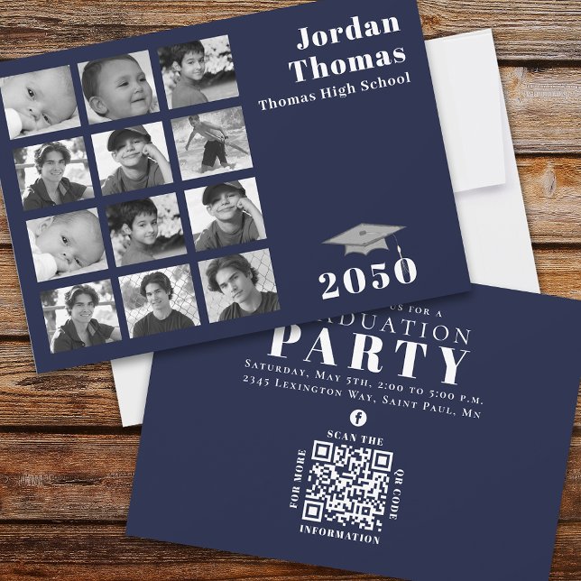 Graduation Multi Photo Collage Navy Blue QR Code  Invitation (Creator Uploaded)