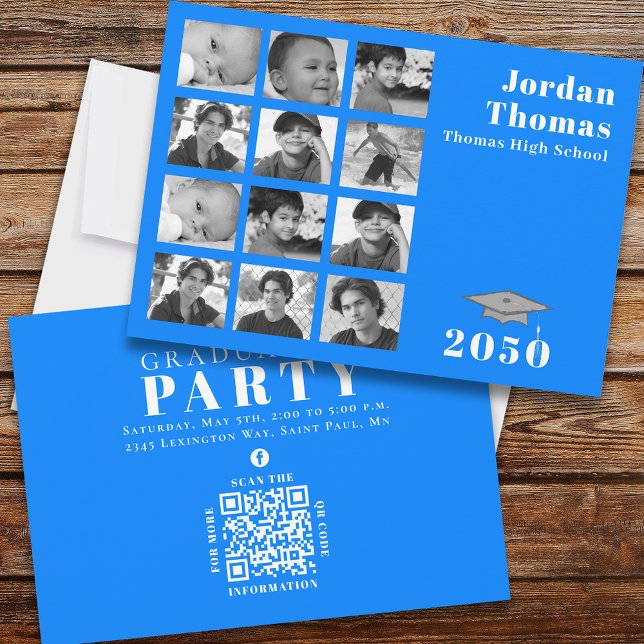 Graduation Multi Photo Collage Simple Blue QR Code Invitation (Creator Uploaded)