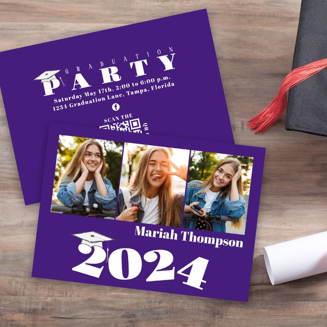 Graduation Multi Photo Purple Class 2023 QR Code Invitation (Graduation photo invitation announcement with purple and white typography. )