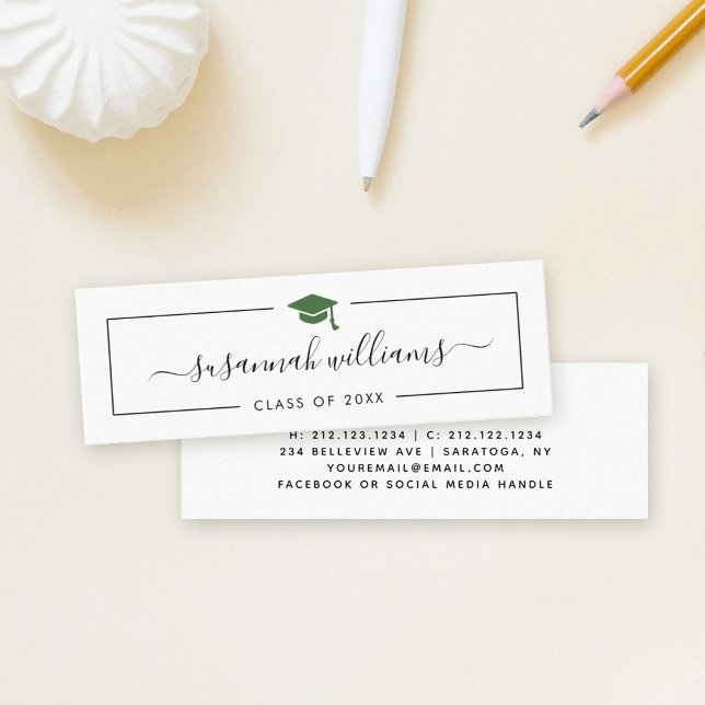 Graduation Name Card Modern Script Green Cap (Creator Uploaded)