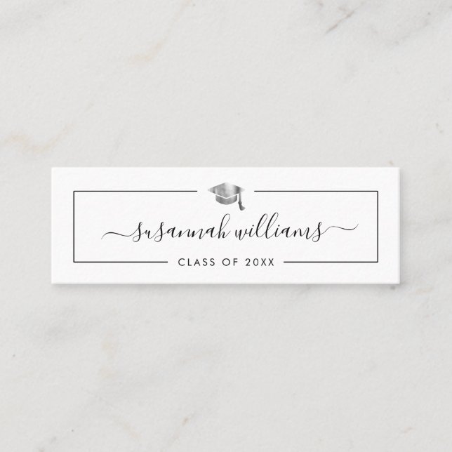 Graduation Name Card Modern Script Silver Cap (Front)