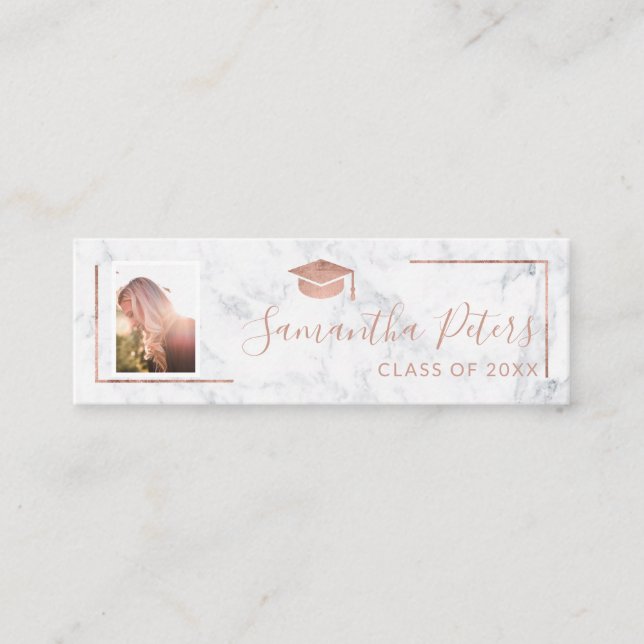 Graduation name rose gold elegant marble photo mini business card (Front)