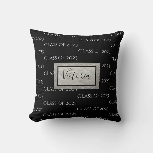 Graduation Name Year Class of Script Black White Cushion (Front)