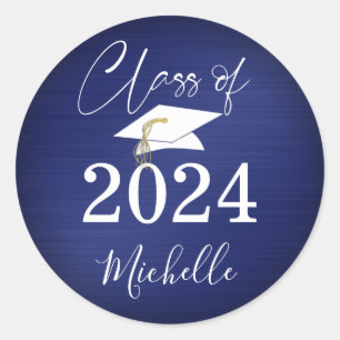 Graduation Navy Blue Cap Script Year Faux Metallic Classic Round Sticker