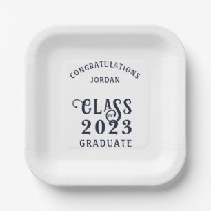 Graduation Navy Blue Class Year Congrats Name Paper Plate